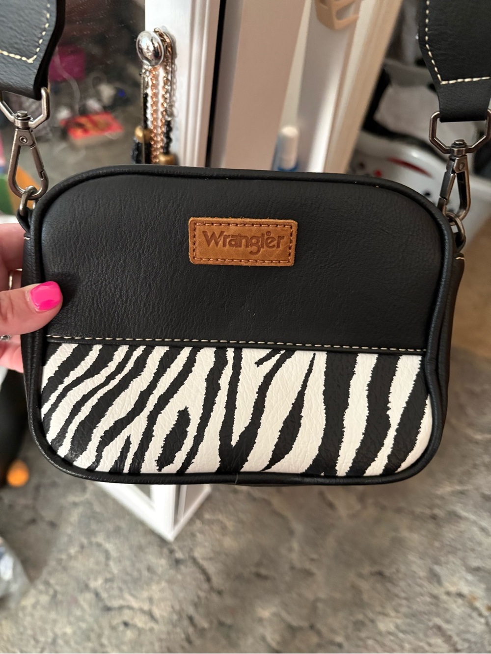 Wrangler Black and White Zebra Print Crossbody with Tan Logo Patch